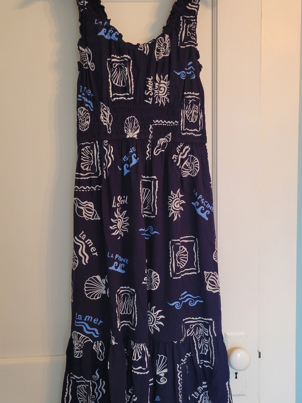 Navy Blue Sleeveless Beach Midi Dress with Shell Print